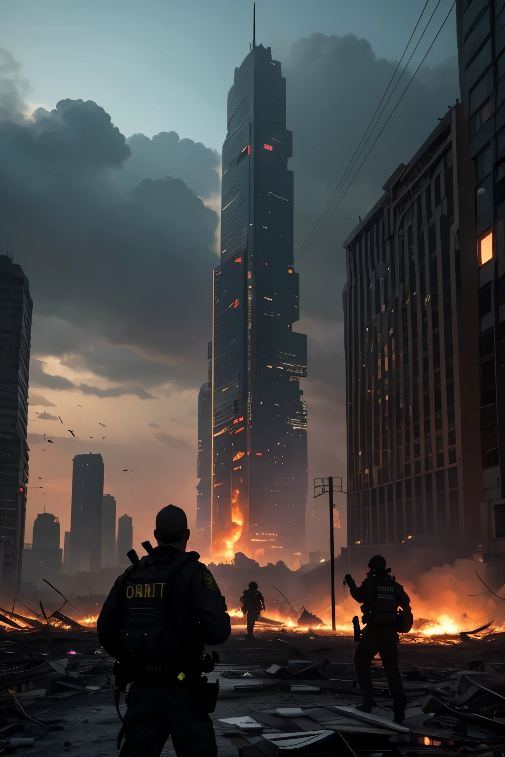 image of a person totally in a desperate panic running and looking at the buildings falling, cars, earthquake, ominous clouds, hurricane, lightning, high quality images, ultra realistic details, end of the world.