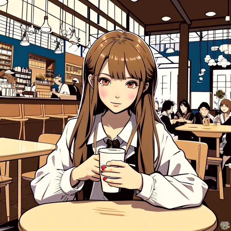 Please draw an anime style of a half-Russian high school girl having coffee time at a cafe.。