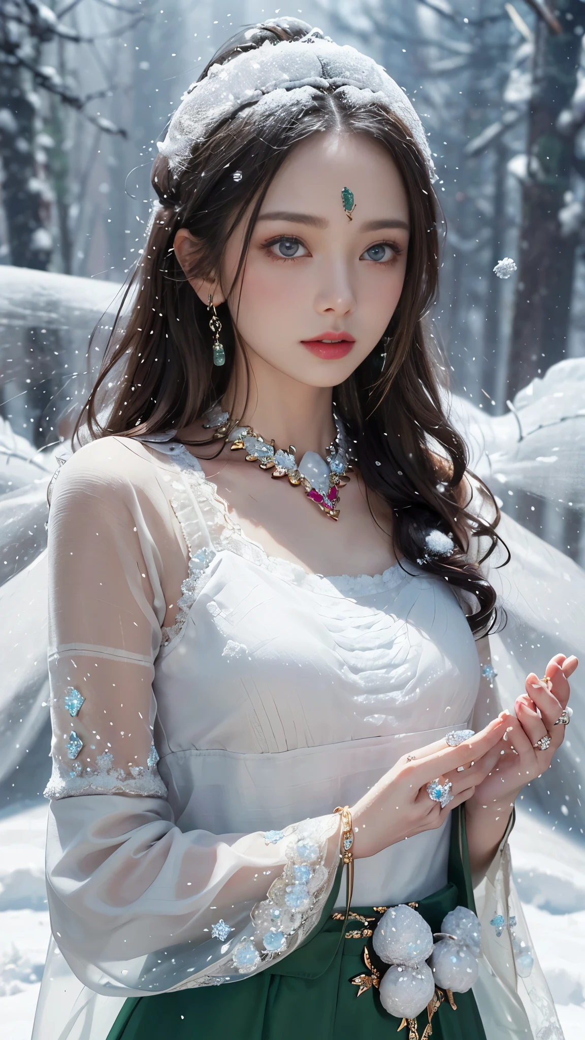 8k, masterpiece, 1 girl, beautiful face, very long hair, light makeup, detailed eyes, detailed lips, small bust, winter dress, dark green dress, (wearing jewellery:1.8), (lace:1.4), ((snow falling:1.4)), attractive poses,