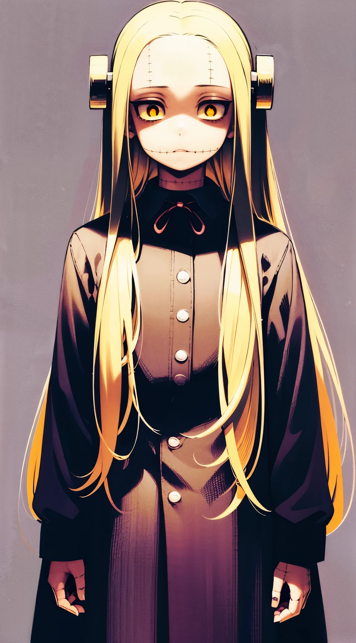 Madaraki_Fran,A  girl ,stands,concerned,the madhatter ,surgeon ,Holds out his hands,worries about the patient, hairlong , yellow hair,seams , Scars on the body , A creepy look , scary eyes , An intimidating look , creepy smile , bags under eyes, ((((Tired)))), Background