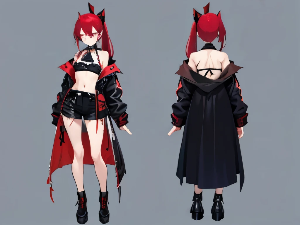 red tinted hair，Low double ponytail，Devil's Point，succubi尾巴，flatchest，succubi翅膀，one-girl，punk coat shawl，succubi，blue color eyes，girl who loves eyes，with whole body visible，Standing Picture (Single background, white backgrounid: 1.3), multi view, multi view of the same character in the same outfit: 1.3.