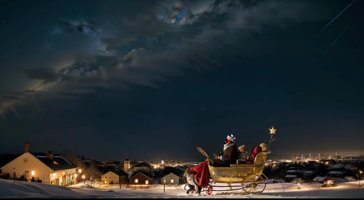 ((melhor qualidade)) um papai noel cartoon, with his sleigh full of gifts, pusado por renas, vondo em uma noite estrelada, over a city and heading towards a blue planet where you can read the numbers 2024