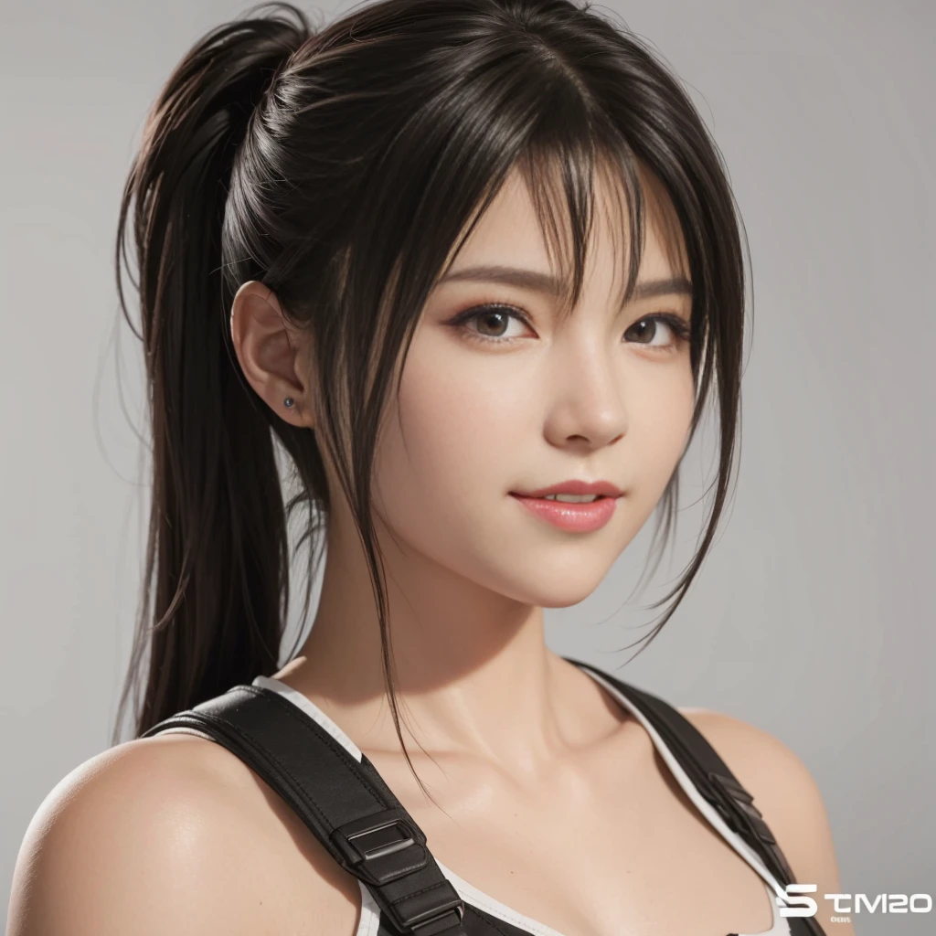 (best quality,ultra-detalhado),(Realistic:1.37),Tifa Lockhart, Rosto bonito e detalhado, maquiagem preta nos olhos, textura ultra realista, rosto delicado, smiling expression