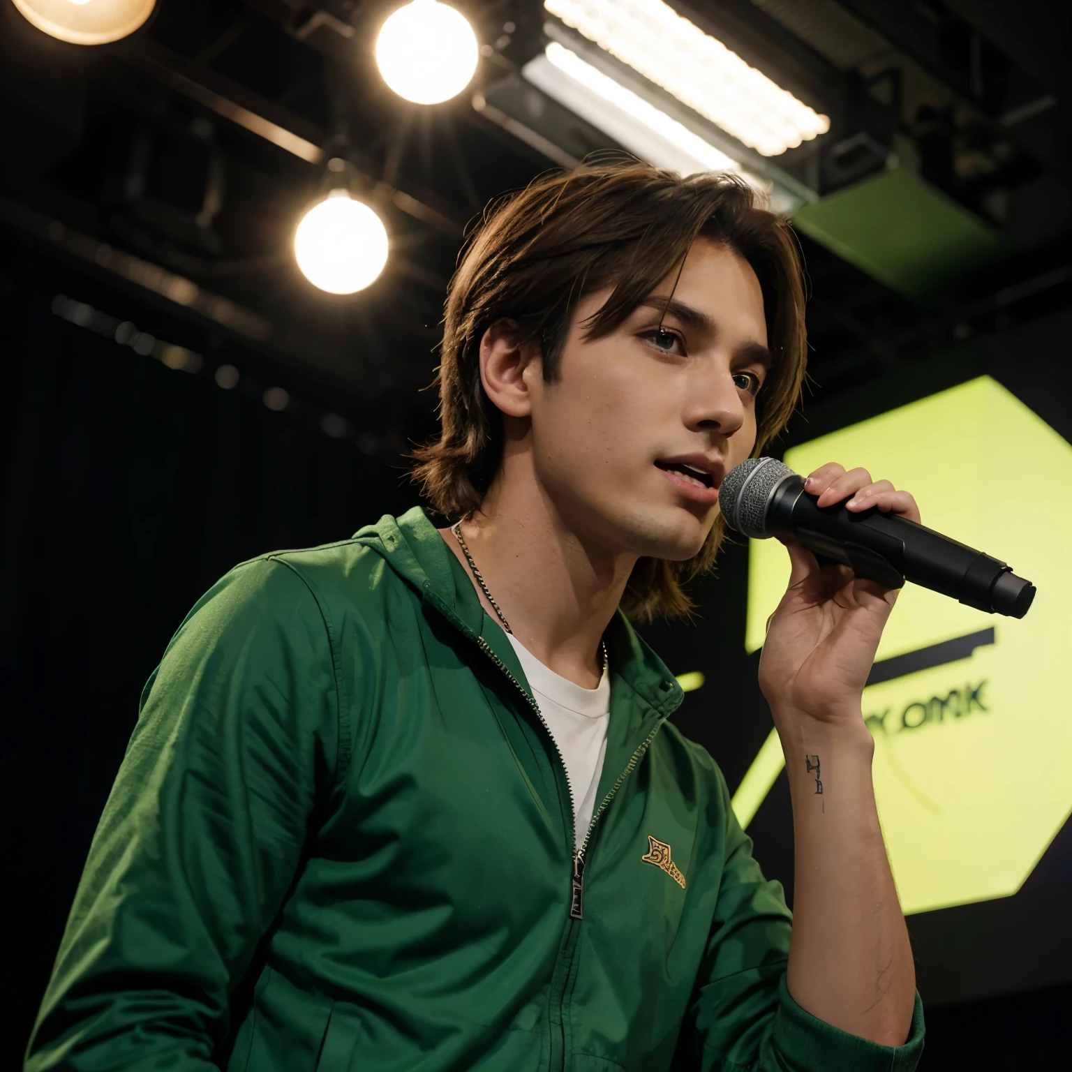 An anime guy, he has handsome face, on the stage, holding a microphone, he has green eyes and his eyes is shining, he has brown hair, he was wearing cool green jacket, he sing a song theres many fans of him on behind and so many colored lights behind him.