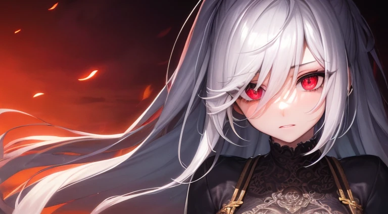 ((best quality)), ((highly detailed)), masterpiece, (detailed eyes, deep eyes, intimidating eyes), (1girl), yandere trance, yandere, long hair, looking at viewer, red eyes, shaded face, (upper body), hexmaniacms, bags under eyes, ahoge, white hair, medium breasts