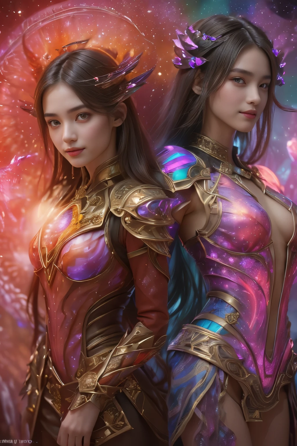 (Two beautiful teenage italian girls:1.6), Close friends, (They are hugging each other:1.2), Kiss her cheek or chest,(Detailed iridescent bodysuit with beautiful fractal or marble design:1.5), Incredible and spectacular scenes, ((High quality)), ((Detailed)), ((Fantasy)), Blue Plasma Brain, Green Plasma Body, Showing her armpits, beutiful breast, obscenity, (Lewd smile:1.2), coarse, Obscene, (Immoral:1.2), Lachish, (small breasts with beautiful raised pink areolas,:1.5), (Cameltoe), (Expression of ecstasy:1.2), Photorealistic, Official art, Unity 8K Wall , 8K Portrait, Best Quality, Very high resolution, (Incredibly beautiful nature background:1.6), (18 years old:1.5), (Sexy and glamorous:1.1), (A coquettish expression:1.6), (seductively smiling:1.6), (erotic posing:1.9), (Model Posing:1.8), Beautiful seductive face, Portrait, (Thick eyebrows:1.4), (Big scarlet eyes:1.6), Beautiful eyes with fine symmetry, (Ultra detailed eyes:1.4),(Highly detailed face and eyes:1.7), (High-resolution red-eye:1.8), Intimate face, (ultra detailed skin texture:1.4), White skin, pale skin, Perfect Anatomy, Thin, (Beautiful toned body:1.5), Highly detailed hair, (Moist skin:1.2), No makeup, (dark circles:1.1), Good anatomy, Focus Face, good-looking, (Emilia Clark:0.6) (Emma watson:0.3),(Jennifer Connelly:0.4), Elegant face, Nice, (A delicately crafted necklace is wrapped around her neck.), (Bioluminescence with brilliant brilliance:1.4), (Luminous magic circle:1.5), Ruins of an ancient castle, Shining majestic cloud masses and sky, lightning bolt, Epic Realistic, (Greg Rutkowski:0.8), (teal and orange:0.4), (Art Station:1.5), Cinematic, (NSFW:1.2), Hyper Detailed, Dramatic light, (Intricate details:1.1), Beautiful black hair, (Wearing a gauntlet with a dense and very beautiful design decorated with jewels:1.1), Small chest, Galaxy, (nebulas:1.6), The Dark Knight, Fully armored body focus