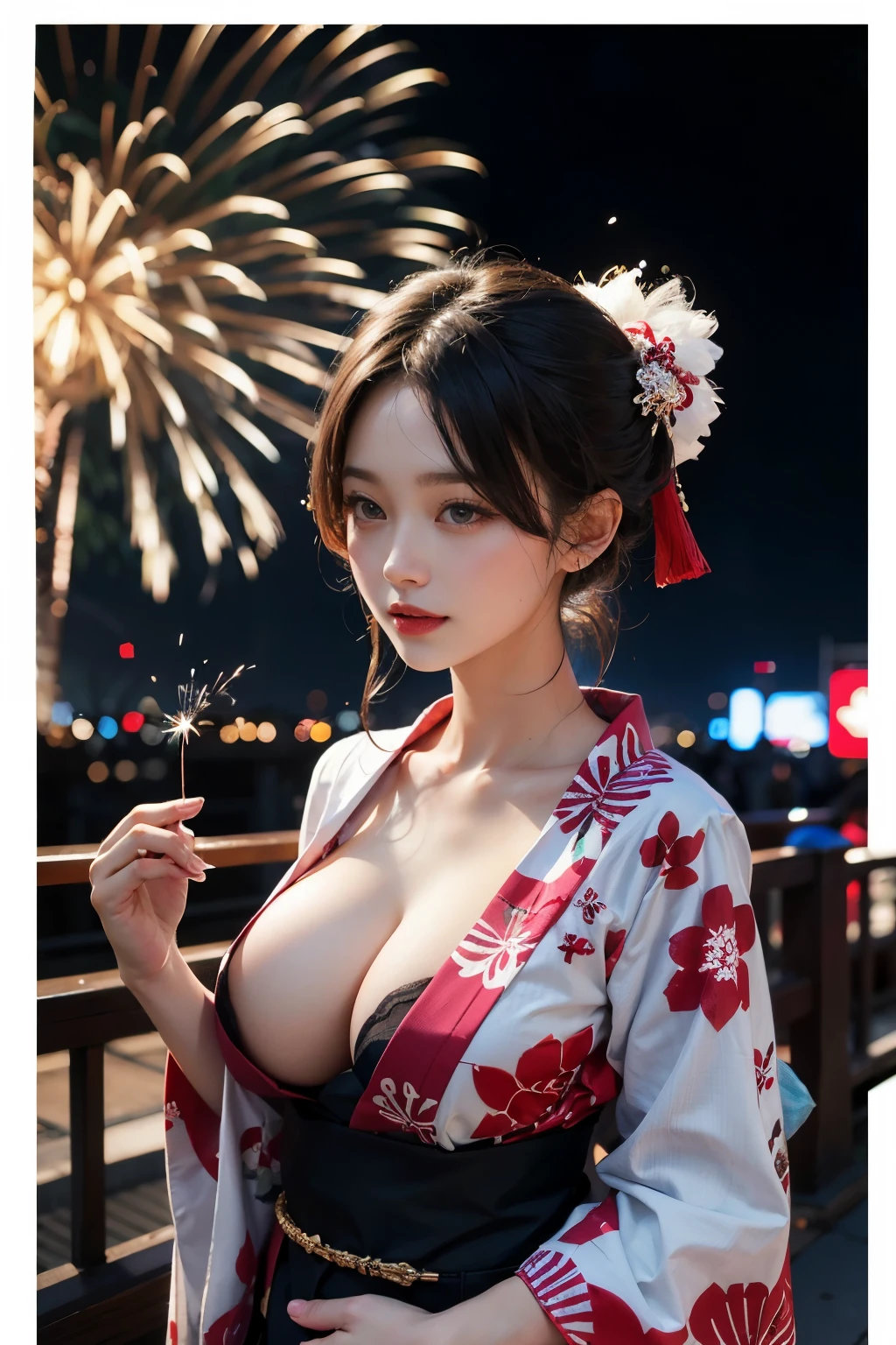 Kimono,See-Through,Light,18+,Nobra,big breastm,Central Tokyo,japan,กินอาหารjapan,nighttime,firelight,
Looks happy.,moon,bokeh,firework,carnival,rocket,
drop shadow, anaglyph, stereogram, tachi-e, pov, atmospheric perspective, 8k, super detail, ccurate, best quality