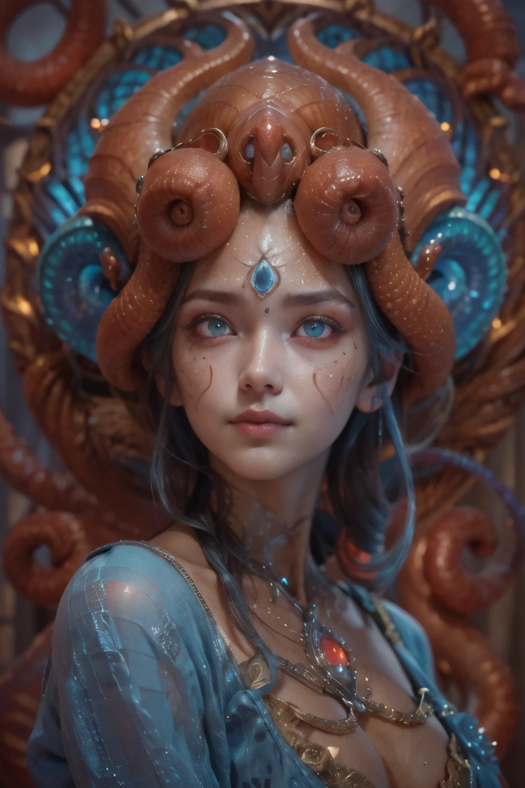 portrait, (Female Alien:1.2),  (There is a female genital-like organ in the middle of the forehead.:1.6), (The most beautiful face in the history of the universe:1.2), (scarlet eyes:1.6), seduces, (red eyes:1.5), Full body like, (sexypose:1.5), alien, No humans, cells are fused, (Lots of blue tentacle:1.1) (blue skin:1.3), extraterrestrial, cell, bio image, 魅惑的, Best Quality, 8K,4K_quality, high_Definition, Dramatic Lighting, masutepiece:1.5,cinematic quality, detail up, (Intricate details:1.2), high resolution, High Definition, drawing faithfully, (Thick eyebrows:1.2), Beautiful eyes with fine symmetry, (Ultra detailed eyes:1.2),(Highly detailed face and eyes:1.2), (High-resolution red-eye:1.4), Intimate face, (Super detailed skin quality feeling:1.4), Perfect Anatomy,  (Beautiful toned body:1.5),  (Moist skin:1.2), No makeup, (dark circles:1.1), long canines, cinematic drawing of characters, ultra high quality model, cinematic quality, detail up, (Intricate details:1.2), high resolution, High Definition, drawing faithfully, Official art, Unity 8K wall  , 8K Portrait, Best Quality, Very high resolutio, ultra detailed artistic photography, midnight aura,  unreal enginee 5, Ultra Sharp Focus, art by alberto seveso, ArtGerm, Roisch, , intricate artwork, Medusa, best quality，tmasterpiece，超A high resolution，（photos realistic：1.4），Ultra-realistic realism，dream-like，nautilus, Creation of fantasy，Snail，Dream Snail，Biopunk nautilus，Thrilling color schemes， Ultra-realistic realism， abstracted, seductively smiling