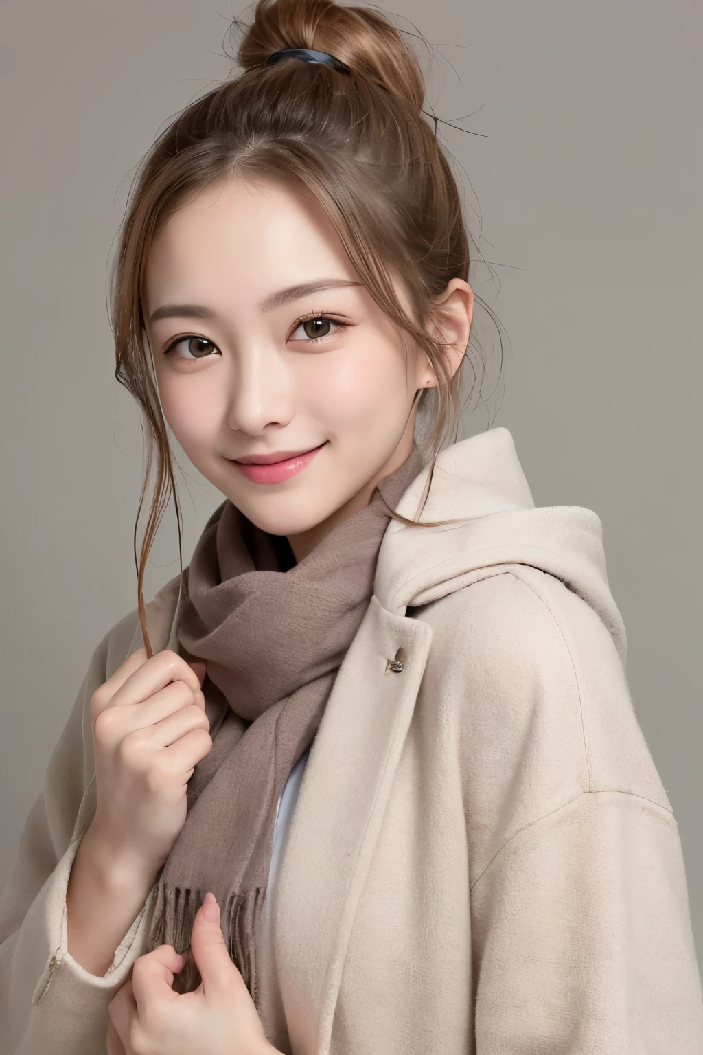 ((top-quality、Top image quality、超A high resolution))、14years、独奏、A smile、with round face、Golden hair、Short ponytail、childlike 、Ultra-detailed and beautiful skin、Realistic and beautiful skin、、((,)), scarf、coat、