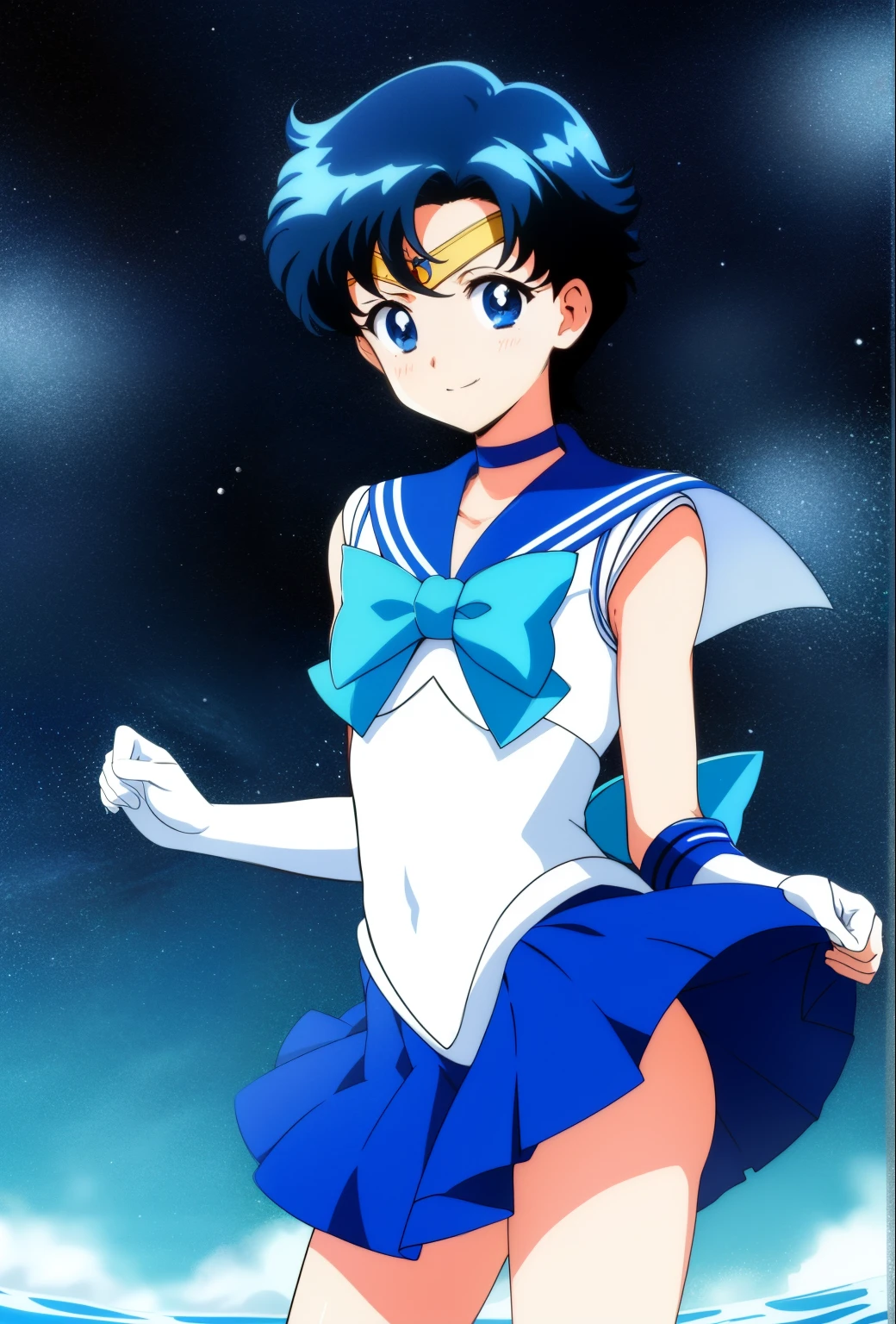 Top Quality Anime Art、​masterpiece、high definition anime art、アニメstyles4K、Anime Boy、Junior high school boys、gender change、gender change(Girls to boys)、Ami Mizuno、rating:safe、Sailor Senshi Uniform、Sailor Mercury、Masculinization、Blue sailor collar、Sky blue bow tie、Very short blue-haired boy、solo、Blue-eyed boy、puddle、a blue skirt、white glove、open_mouth、elbowgloves、skirt、smile、Blue choker、Bubbles float around him、back_bow、looking_at_viewer、White leotard、highleg leotard、robe blanche、shiny、Strong muscles、cowboy_shot、shiny_hair、water、bow、Muscular and strong、from_behind、a miniskirt、pleatedskirt、eyebrows_visible_through_hair、Muscular men、blue_bow、sky blue_bow、white_bow、parted_bangs、Boy standing in water、looking_back、bangs、blush、jewelry、Hands on the buttocks、nape of neck、circlet、Bare shoulders、(1990's\(styles\):0.9)、