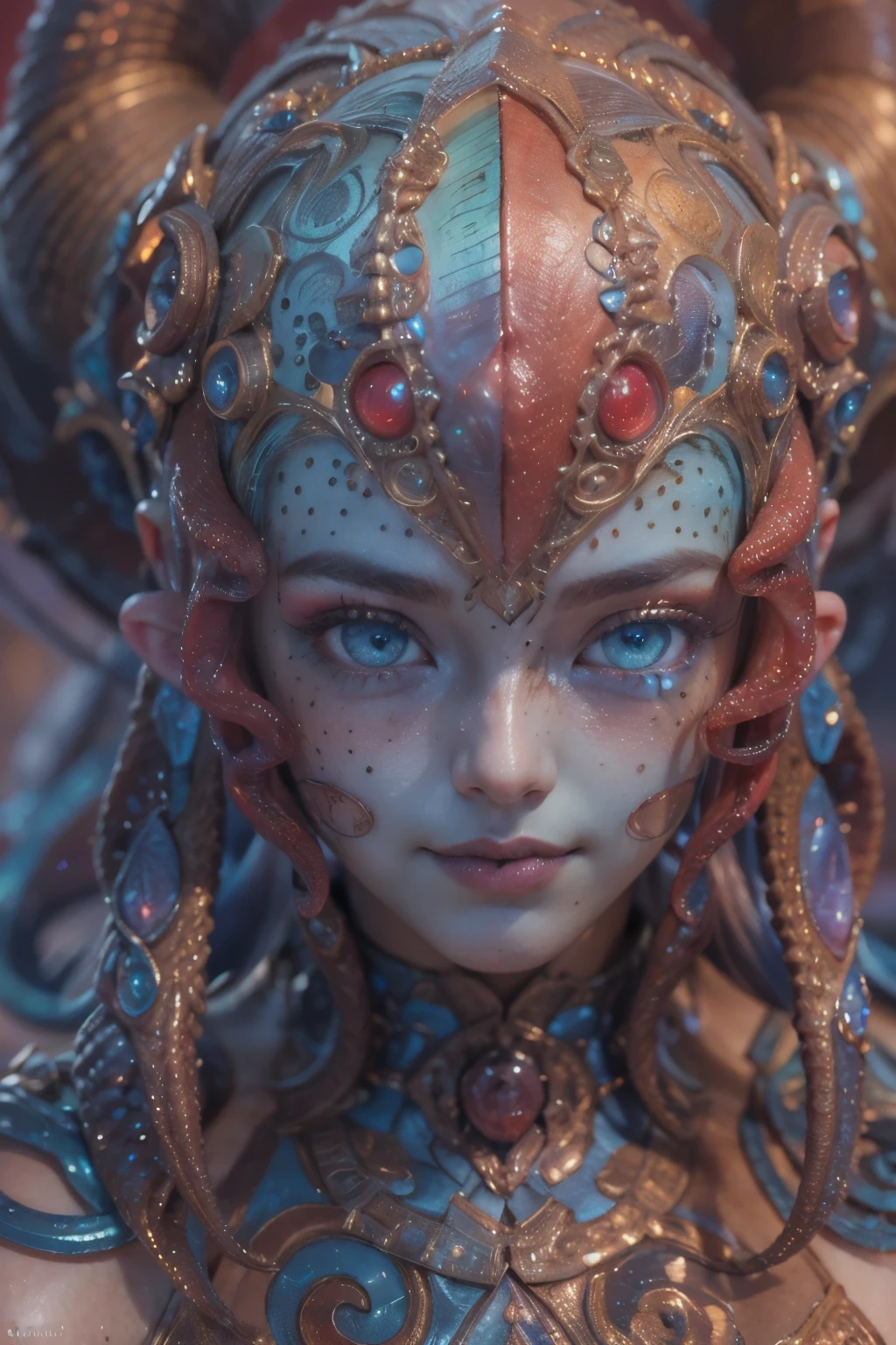 Create an image of a picturesque flower garden scene where a little girl, her face radiating joy, presents a bouquet of colorful blossoms to a remarkably advanced cyborg. The cyborg stands tall and strong, its metallic framework a testament to high-tech engineering, while its porcelain skin is a work of art in itself, exuding an air of sophistication. This interaction captures the fusion of technology and humanity