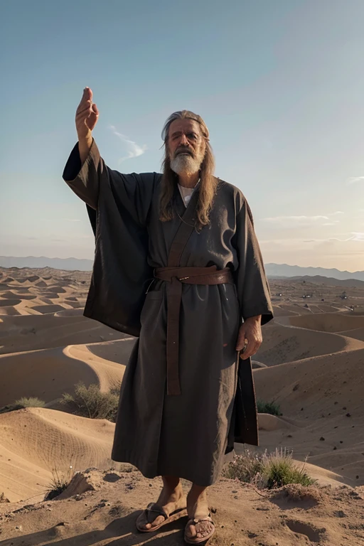 Create an ultra-realistic image of a venerable prophet of God from ancient times. This prophet is a dignified, elderly man with a long, flowing gray beard and deep, wise eyes. He is robed in traditional, ancient garments, rich in texture and appearing worn from years of travels and teachings. The prophet is standing on a hilltop, overlooking a vast desert landscape, with his hands raised skywards in a gesture of prayer or prophecy. The sky above is expansive and dramatic, possibly at sunrise or sunset, casting a profound and ethereal light upon the scene, emphasizing the prophet's powerful presence and connection to the divine.