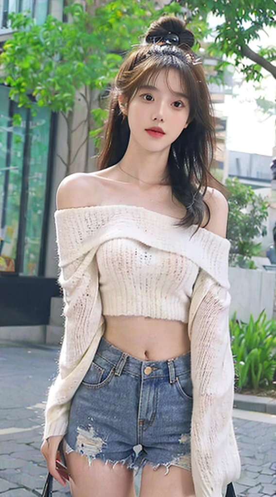 （Best quality，tmasterpiece：1.4），realistically，delicate skin，Perspectives，looking at viewert，（tropical garden：1.2），1 sister，（Korean mixed race，K-pop idol：1.2），pale-skinned，（slim，Skinny Thighs:1.25), thigh gap, , (Chopping:1.2), (White off-shoulder cropped sweater, Short shorts), navel，Upper body