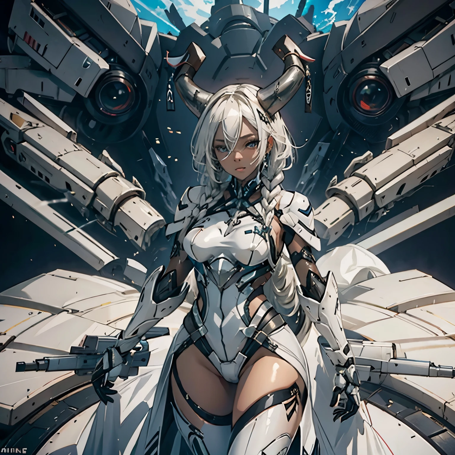 1 girl, solo, horns, dark skin, white hair, Owari, AzurLane, mecha suit, mechanical tail, grey and white suit