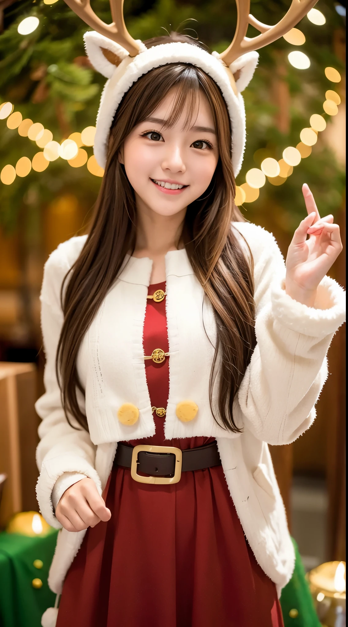 She has semi-long brown hair、wearing a reindeer costume、Cute smile、Yellow eyes、Christmas Background