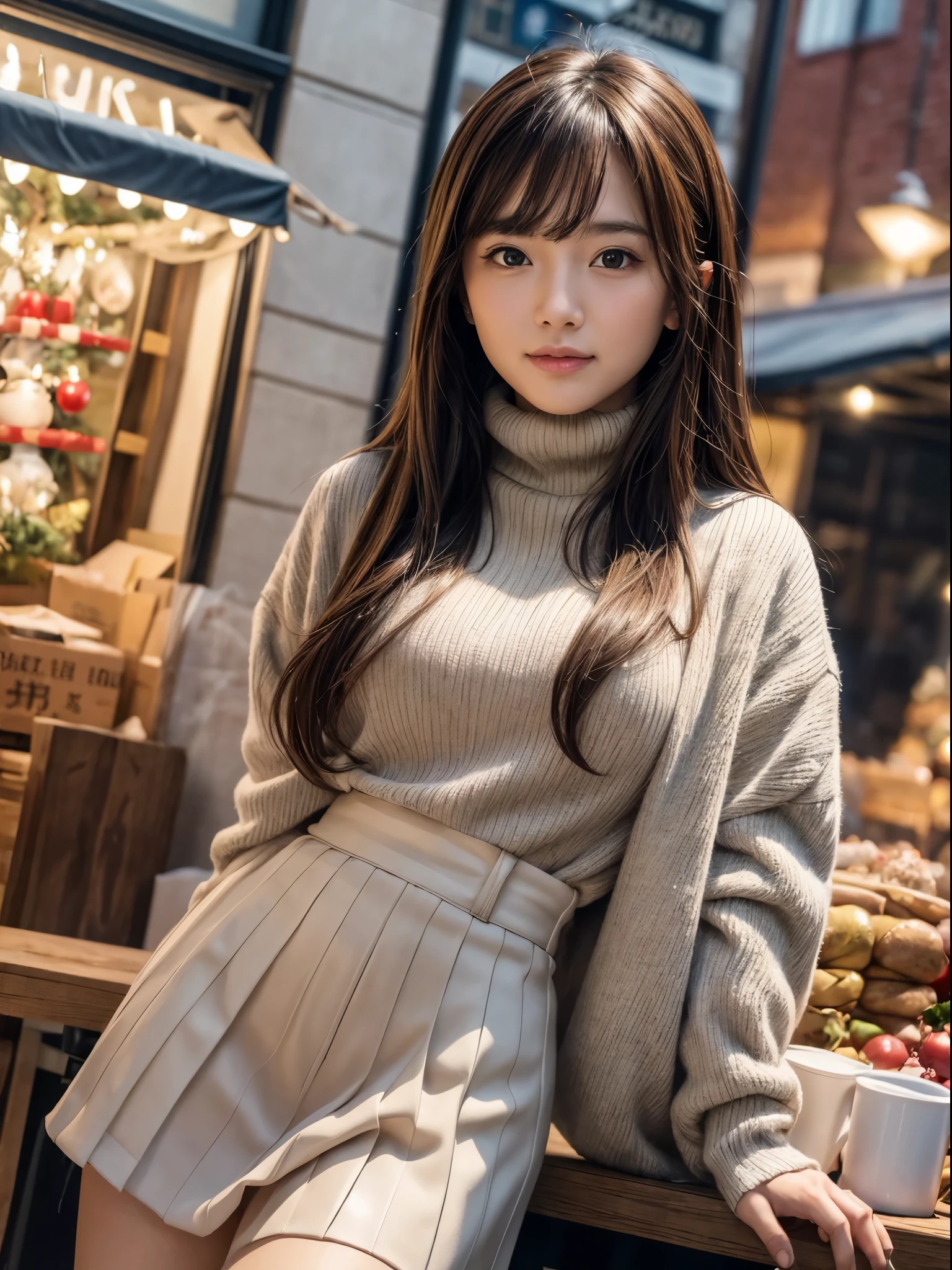 (8k,masterpiece, RAW photo,best quality:1.4),(photo realistic:1.2),(extremely detailed face),(shiny skin),(detailed skin),(detailed face),(extremely beautiful face),1girl,looking at viewer,Japanese idle(actress), brown hair,medium hair,straight hair,asymmetrical bangs,smile,glamor,large breasts, (Fleece jacket, turtleneck sweater, Pleated skirt:1.2), christmas market,high position,professional lighting