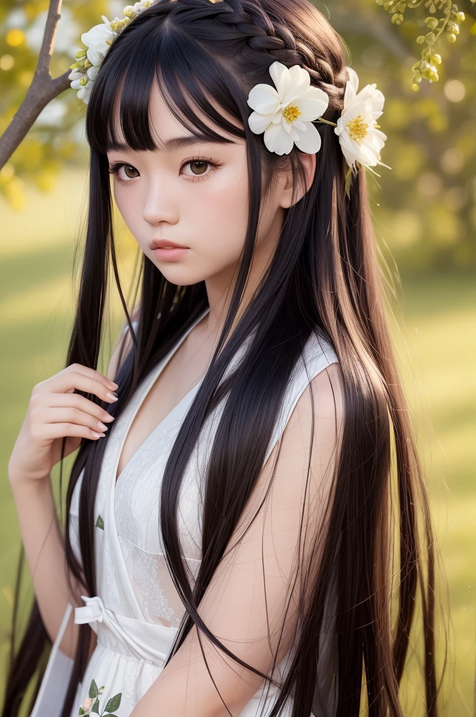 mn,1girl,long hair,solo,flower,black hair,branch,upper body,realistic,chinese clothes,hair ornament,blurry background,blurry,parted lips,hair bun,