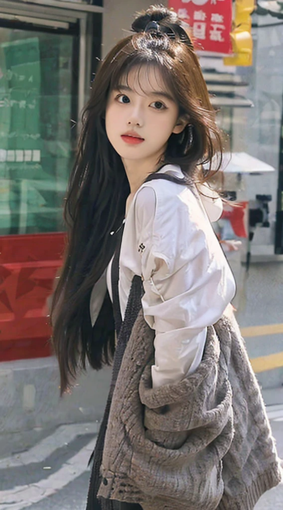 Woman with long black hair walking down the city street, realistic art style, Guviz-style artwork, style of surrealism, Photorealistic art style, art of photography, Photorealistic detail and light and shadow,super detailing,8K