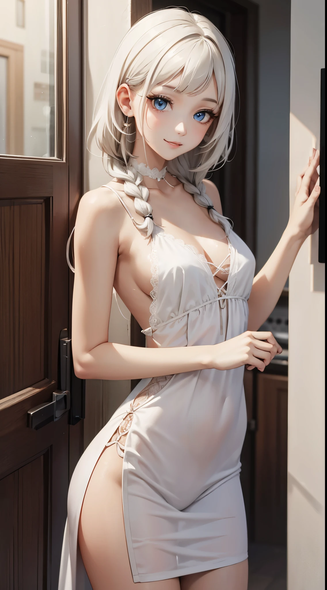 mature,slender body:1.2, small chest, braid, ((short bangs:1.4)), (white hair), evening gown, (best quality:1.3), (highres:1.3), (clear:1.3), (8k:1.3), masterpiece, (detailed:1.1), 1girl, beautiful detailed eyes, beautiful detailed lips, extremely detailed eyes and face, long eyelashes, blue eyes, shy smile, perfect proportion, slender body,face close up,rest room、