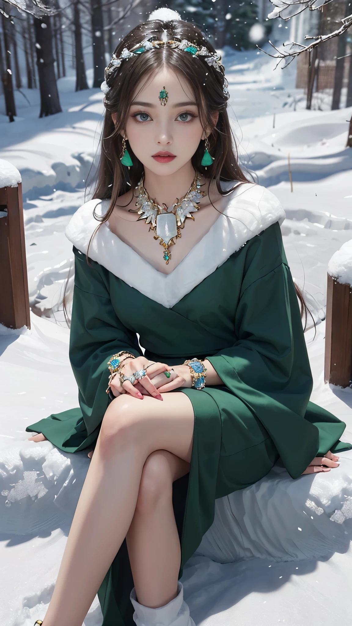 8k, masterpiece, 1 girl, beautiful face, very long hair, light makeup, detailed eyes, detailed lips, small bust, winter dress, dark green dress, (wearing jewellery:1.8), (green lace:1), ((snow falling:1.4)), sitting,