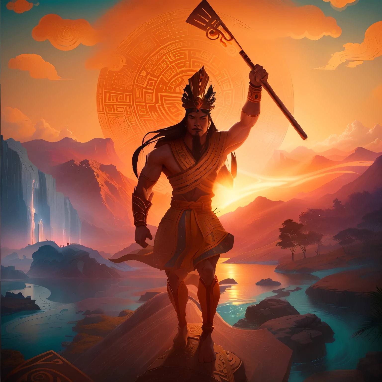 there is a man that is standing on a rock with a stick, legendary god holding spear, selk ´ nam god of the sun, inspired by Kailash Chandra Meher, asura from chinese myth, javanese mythology, river god, aztec god, akira from chinese mythology, ancient god, polynesian god, inspired by Gong Xian, mayan god, god of nature