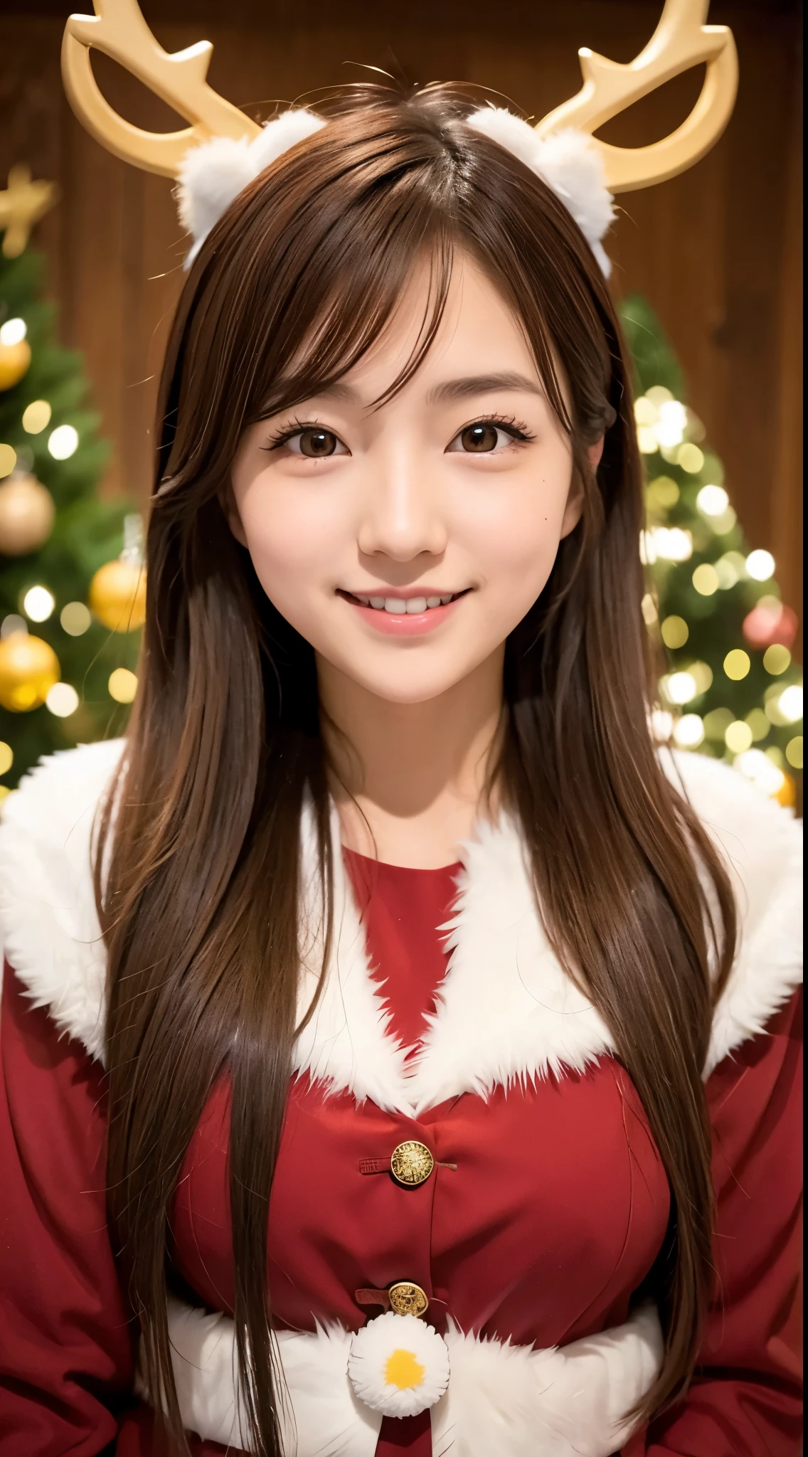 She has semi-long brown hair、wearing a reindeer costume、Cute smile、Yellow eyes、Christmas Background