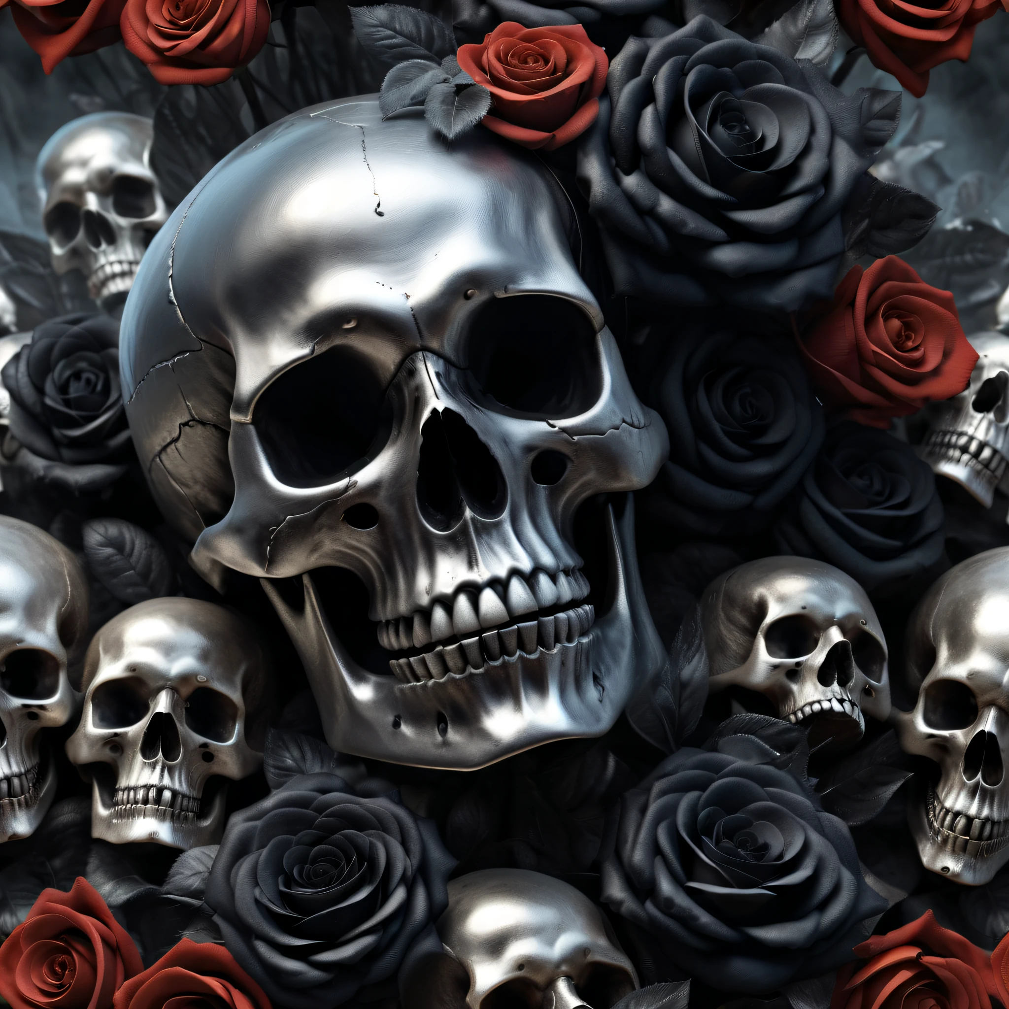 Best Quality,8K,hight resolution,masutepiece:1.2,Ultra-detailed,Realistic silver metal skull of hell,detailed corpse,Bouquet of black roses,Grave,Horror-themed,horror festival setting