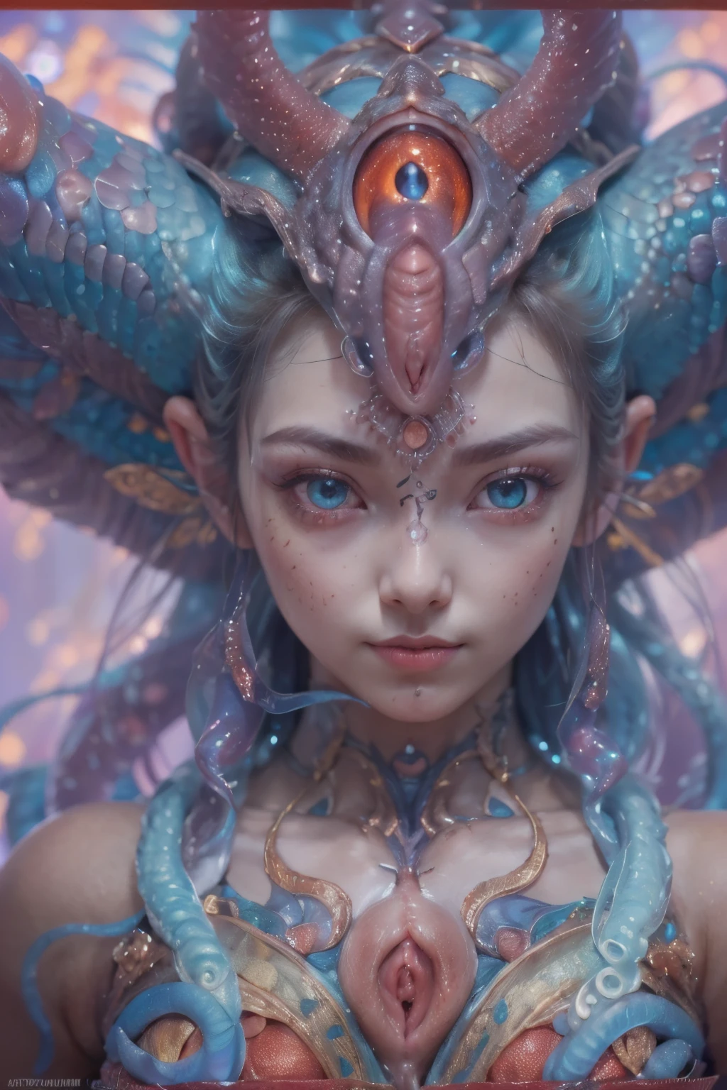 (Female Alien:1.2), (There is a female genital-like organ in the middle of the forehead:1.6), (The most beautiful face in the history of the universe:1.2), seduces, red eyes, Full body like, A sexy, alien, No humans, an alien, cells are fused, (Lots of blue tentacle skin:1.3), extraterrestrial, cell, bio image, 魅惑的, Best Quality, 8K,4K_quality, high_Definition, Dramatic Lighting, masutepiece:1.5,cinematic quality, detail up, (Intricate details:1.2), high resolution, High Definition, drawing faithfully, (Thick eyebrows:1.2), (Big scarlet eyes:1.6), Beautiful eyes with fine symmetry, (Ultra detailed eyes:1.2),(Highly detailed face and eyes:1.2), (High-resolution red-eye:1.4), Intimate face, (Super detailed skin quality feeling:1.4), Perfect Anatomy, (Beautiful toned body:1.5), (Moist skin:1.2), No makeup, (dark circles:1.1), long canines, cinematic drawing of characters, ultra high quality model, cinematic quality, detail up, (Intricate details:1.2), high resolution, High Definition, drawing faithfully, Official art, Unity 8K wall , 8K Portrait, Best Quality, Very high resolutio, ultra detailed artistic photography, midnight aura, unreal enginee 5, Ultra Sharp Focus, art by alberto seveso, ArtGerm, Roisch, , intricate artwork, Medusa, best quality,tmasterpiece,超A high resolution,(photos realistic:1.4),Ultra-realistic realism,dream-like,Beautiful blue goddess wears a phoenix peacock on her head, nautilus, Creation of fantasy,Snail,Dream Snail,Biopunk nautilus,Thrilling color schemes, Ultra-realistic realism, abstracted, (There is a female genital-like organ in the middle of the forehead:1.5), smiling seductively
