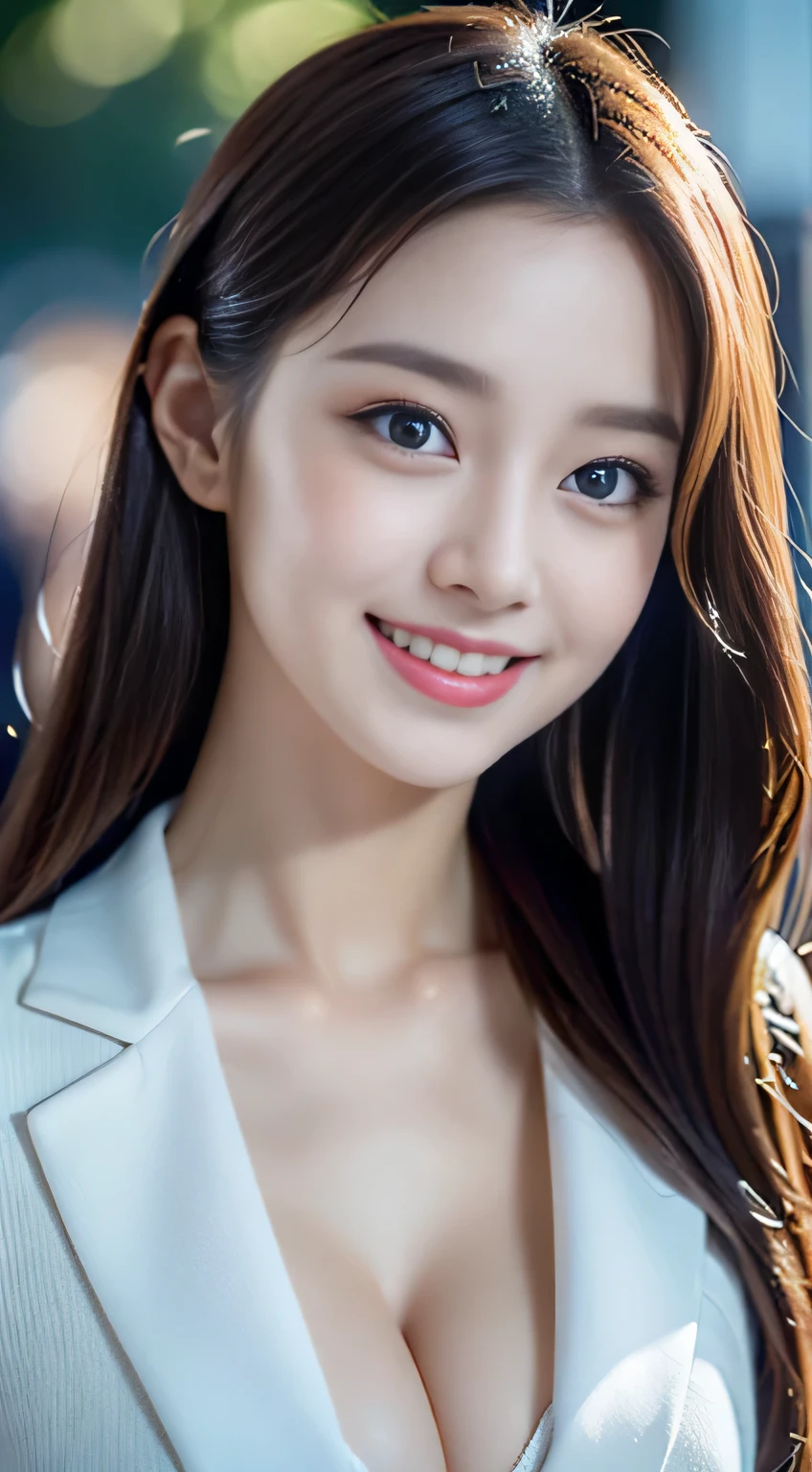 （32ｋ,high detal,high-detail、​masterpiece,Attention to detail,full body Esbian,独奏,Lori：1.6),Raw photo & realistic atmosphere,beautiful dark blue eyes,Detailed mouth,Glossy lips,Detailed eyebrows,Eyes drawn in detail with soft white skin that shines with every detail、azure eyes,Very beautiful eyes,Detailed lips、Very beautiful face,Very well-formed face、Lifelike face,shiny beautiful lips、lawn、shinny hair：1.5）,（A beautiful and cute girl ,Illuminate from the front：1.6）,（well-shaped breasts,,Body with good style,：1.5）,（Fashion influenced by K-pop female idols,Clothing based on K-pop fashion,Korean Coordination,natural make up,Japan beautiful girl who likes K-pop,K-pop Dance Fashion,Show full-body fashion：1.8）、A big smile、Ponytail hair