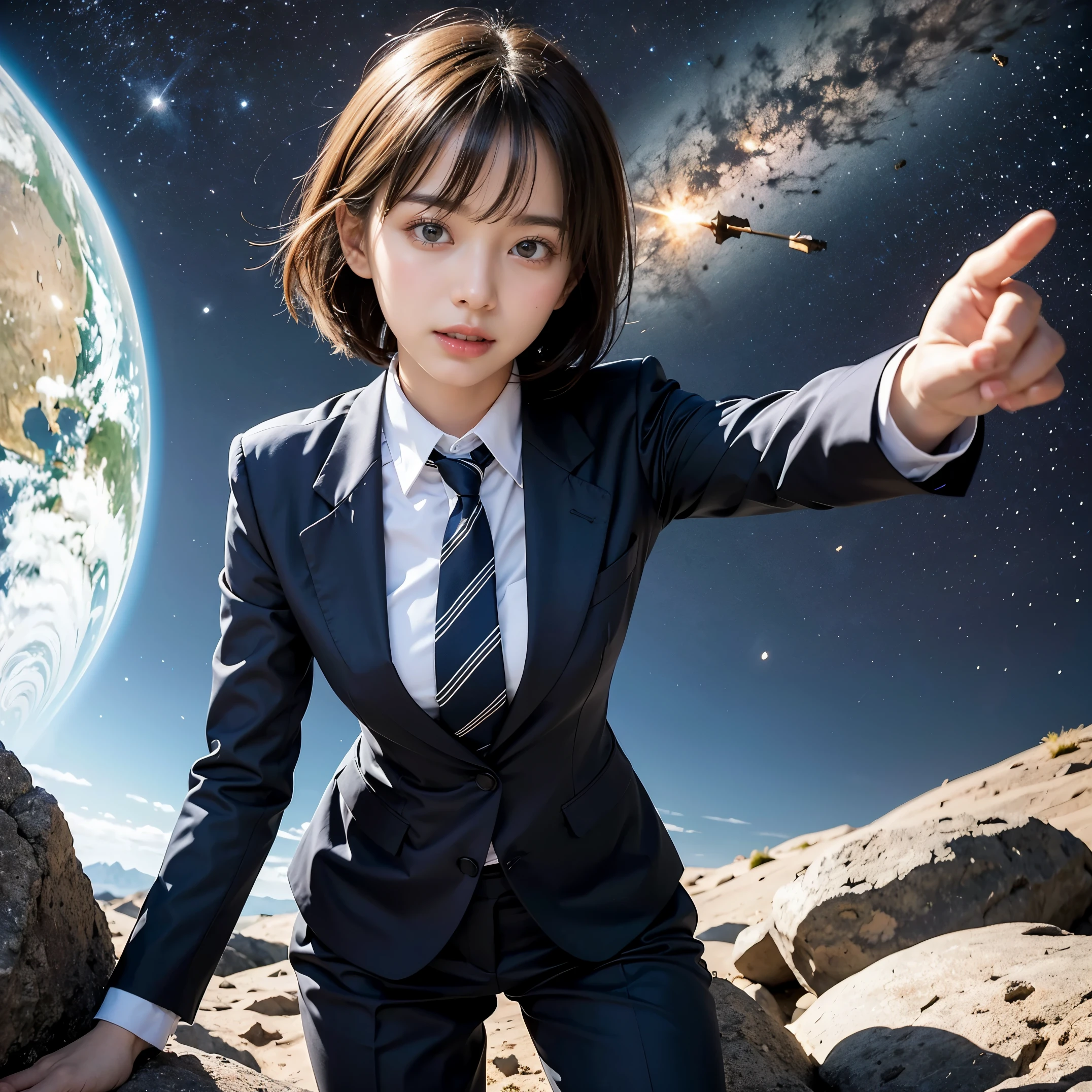 (masutepiece, Best Quality:1.2), 8K, Official art, Surprised expression、put one's hand over one's mouth、Wearing a suit、Gesture of removing tie、You can see the chest、Rough image of a girl in uniform holding a globe, official artwork, portrait anime space cadet girl, with earth, girl in space, Space High School, Space Girl, planetes, Trending on CGSTATION, 太陽系外planetes, Official art, Mar Planet, beautiful anime high school girl, sakimichan, planetesの隣に浮かぶ, in intergalactic japan、Five Fingers Photos&#39;Body of, full body Esbian、Suit Beauty、Big Dipper in the background、star explosion、A dark-hairedの美しい裸足の女性, hold a flame in your right hand、tie a tie with your right hand、Turn your face up、looking-down、cool expression、明るい溶岩の光が小planetes帯の下から壊れた地球の上に昇る(Jagged rock rocks and fragments shot into the air:1.3) (Storm of windy dust debris:1.1) Volume fogmist by trace Z、It can allow bright light from below to pass through、 (​masterpiece) (top-quality) (detaileds) (8K) (电影灯光) (foco nítido) (Convoluted)A dark-haired、14years、small tits、A delightful、A smile、unbelievable Ridiculous, (a beauty girl, Pretty Face, arching back down, Gold hair ornament on hair、wearing a suits、close up, Wearing a suit, Short sleeve, gardenia, violaceaess, spaces , Looking at Viewer, Film grain, chromatic abberation, オッパイfoco nítido, face lights, Dynamic lighting, Cinematic lighting, detailedsな目と顔, (Gray tie、1 copy:1.2)