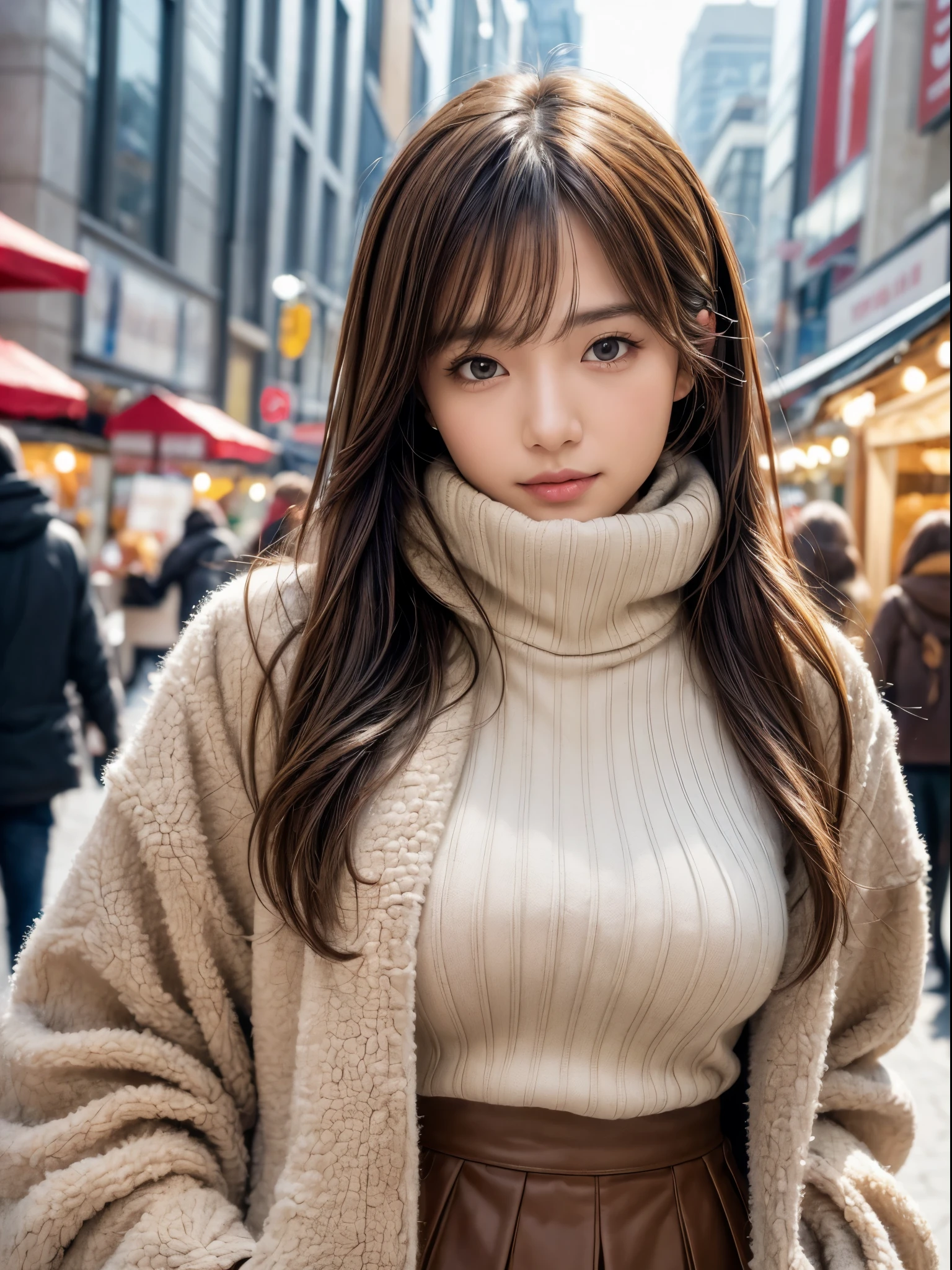 (8k,masterpiece, RAW photo,best quality:1.4),(photo realistic:1.2),(extremely detailed face),(shiny skin),(detailed skin),(detailed face),(extremely beautiful face),1girl,looking at viewer,Japanese idle(actress), brown hair,medium hair,straight hair,asymmetrical bangs,smile,glamor,large breasts, (Fleece jacket, turtleneck sweater, Pleated skirt:1.2), christmas market,high position,professional lighting