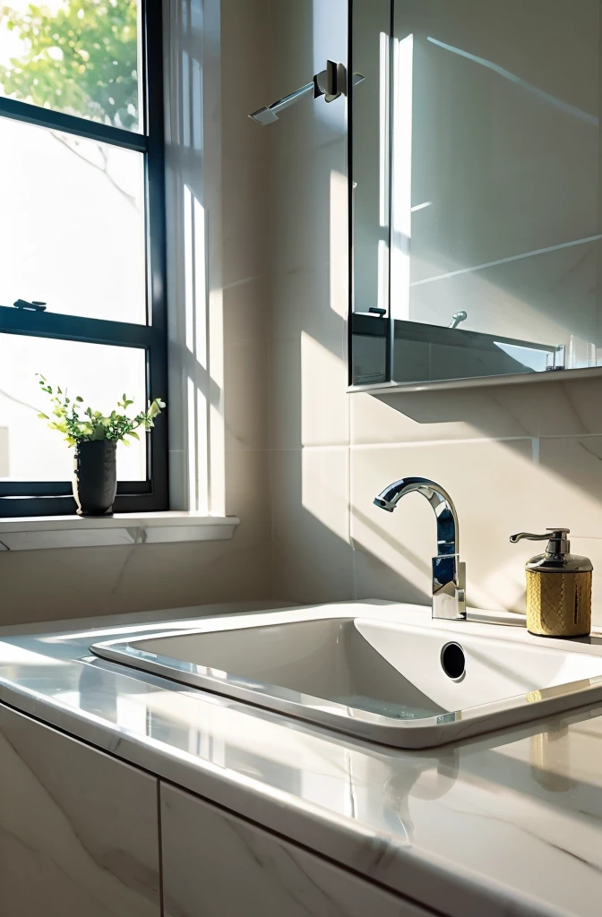 cinematic still of a close up faucet on white bathroom, morning vibe lighting, 35mm, cinematic lighting, f/2.8, Hasselblad, masterpiece, ultra high res.photorealistic:.1.4, UHD