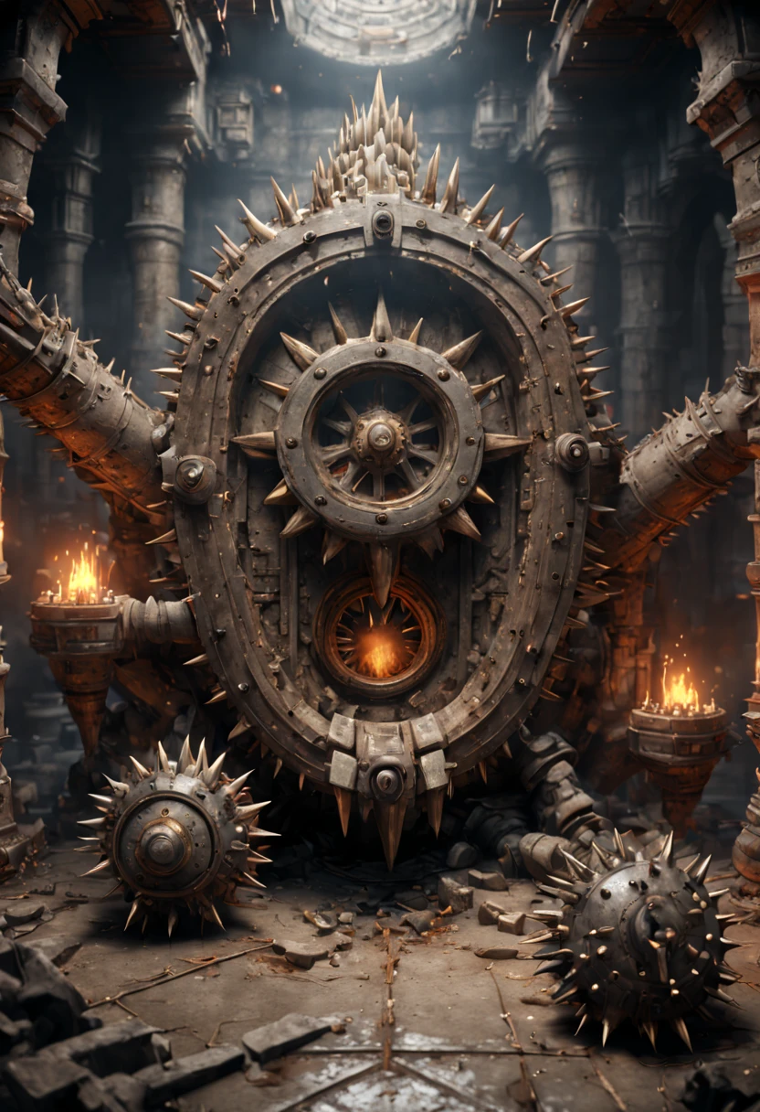 Underground traps full of spikes, loose floors, danger, tension, Mysterious Ancient Relics, indoors, octane render, enhance, intricate, (masterpiece, Representative work, official art, Professional, unity 8k wallpaper:1.3)