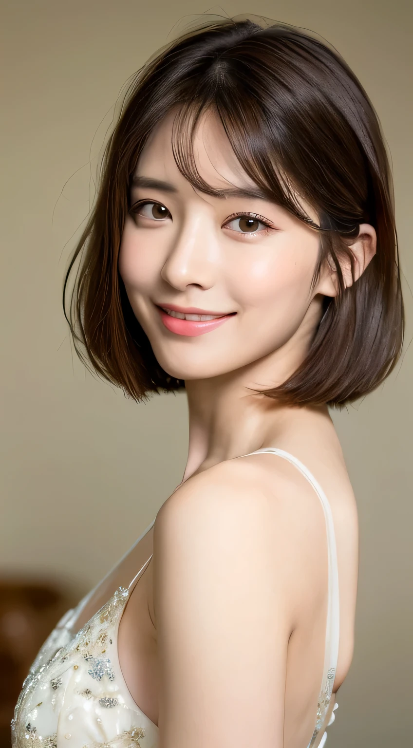 ((Best Quality, 8K, Masterpiece: 1.3)), 1 Girl, Slim Abs Beauty: 1.3, (Hairstyle Brown Hair Shortcut, Big: 1.2), Dress: 1.1, Super Slender Face, Delicate Eyes, Double Eyelids, Smile, Home, Raw Photo