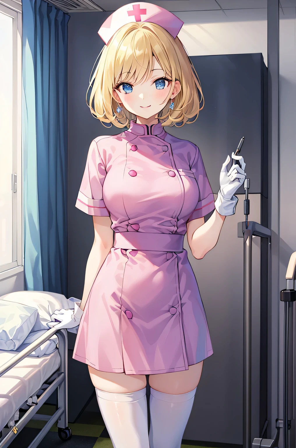1woman, solo, nurse, nurse cap, white wear, ((white legwear, zettai ryouiki)), white gloves, blonde hair, blue eyes, pink lips, smile, standing, ((hospital room)), sharp outline, short sleeves, mature female, 35 years old, best quality, masterpiece