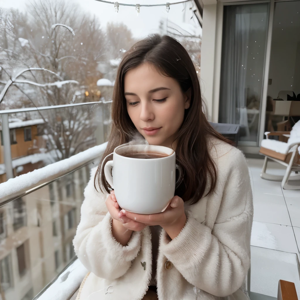 (best quality,4k,8k,highres,masterpiece:1.2),ultra-detailed,(realistic,photorealistic,photo-realistic:1.37),sunny winter day,rainy winter day,sitting on the balcony,drinking hot chocolate,cozy atmosphere,winter clothes,warm sunshine,steaming mug of hot chocolate,comforting warmth,beautifully decorated balcony,panoramic view of the surroundings,quiet and peaceful,delicate snowflakes falling,sparkling icicles hanging,elegant furniture,soft cushions,potted plants,bright winter colors,warm and inviting,crisp winter air,cozy blanket,relaxing moment,melting marshmallow,aromatic cocoa scent,winter wonderland,steaming breaths in the cold air,small birds chirping in the background. {'Age': 19.7, 'Citizenship': 'Australian', 'Countra', 'Education_Career': {'Career': 'Researcher', 'Education_Level': 'High School', 'Field_of_Study': 'Social Sciences'}, 'Gender': 'Female', 'Location': 'Mumbai', 'Modesty_and_Discretion': {'Fashion_Style': 'Streetwear', 'Is_Dressed': 'Yes', 'Personality': {'Demeanor': 'Easygoing', 'Strength': 'Quiet'}}, 'Name': 'Emma', 'Passions': {'Arts': 'True', 'Creative_Expression': 'True', 'Science': 'False'}, 'Personal_Life': {'Hobbies': ['Dancing', 'Gaming', 'Music', 'Writing', 'Reading', 'Collecting', 'Cooking', 'Traveling', 'Painting', 'Photography'], 'Languages': ['Russian', 'Italian', 'Arabic', 'Hindi'], 'Life_Story': 'Lorem ipsum dolor sit amet, consectetur ' 'adipiscing elit.', 'Quality_of_Life': 'Comfortable'}, 'Physical_Attributereast_Size': 'Small', 'Eye_Color': 'Hazel', 'Eyebrow_Thickness': 'Thin', 'Face': {'Shape': 'Round', 'Size': 'Small'}, 'Gap_Between_Eyes': 'Large', 'Hair_Color': 'Blue', 'Head_Size': 'Small', 'Height': 1.85, 'Shoulder_Width': 'Broad'}, 'Tattooalse}