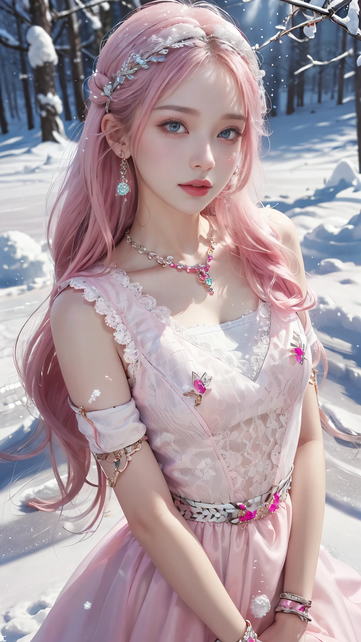 8k, masterpiece, 1 girl, beautiful face, very long hair, light makeup, detailed eyes, detailed lips, small bust, winter dress, pink dress, (wearing jewellery:1.8), (pink lace:1.4), ((snow falling:1.4)), attractive poses,