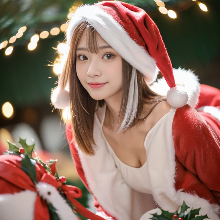 tre anatomically correct,Masterpiece of,High image quality,(Red costume),(Cute Santa Claus costumes:1.5),(The material of the costume is fine velvet:1.4), (The white fur part of the costume is mink, Accentuate the fluffiness:1.4),(Random posture:1.4),Professional Lighting,The ultra-detailliert,High quality textures,High quality shadows,depth of fields,Ray traching,Christmasツリー, Christmas,Fun atmosphere,Twinkling lights,Cozy,romantic,Cheerful,Warmth,Happiness,Magical,Holiday spirit, Ultra-realistic capture, Highly detailed, 人間の皮膚のhight resolution16kクローズアップ,Skin texture must be natural, Detailed enough to finely identify pores. Skin should look healthy, In a uniform tone,(Best Quality,4K,8K,hight resolution,masutepiece:1.2),Ultra-detailed,extremely detailed eye and face,Beautiful detailed eyes,Beautiful detailed lips,long eyelashes,(Realistic),Photorealistic:1.37,japanes,fine-grained white skin,beautiful and magnificent composition,masutepiece,Attractive,Cute,Silky smooth and straight hair,Sharp Focus,Natural smile,(with round face),(healthy thigh body photo),(Full-body photography from a distance:1.4),((Silver hair color)), There was joy and excitement in her eyes.,((Christmasの雰囲気たっぷりの店内)),(inside in room),