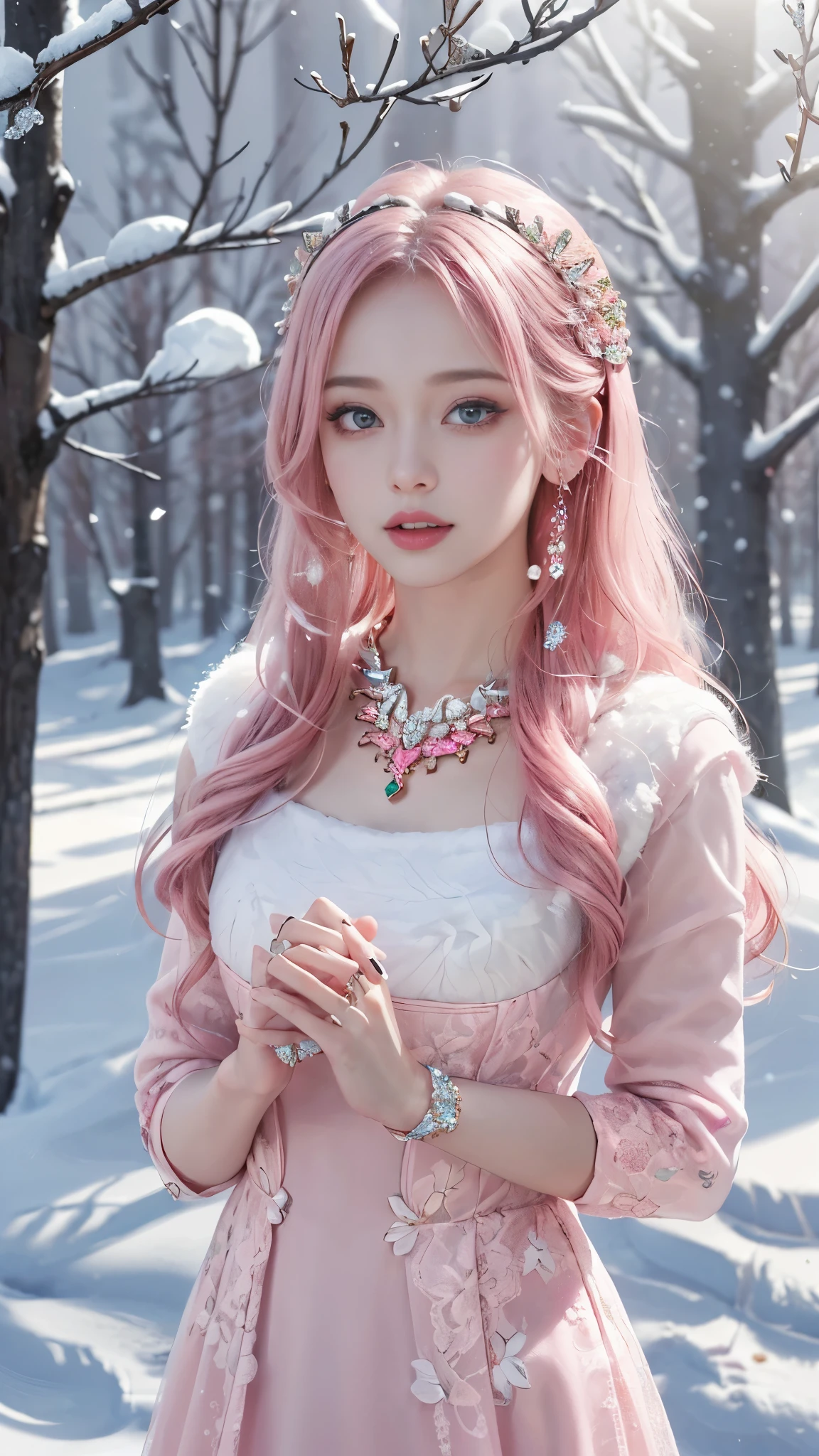 8k, masterpiece, 1 girl, beautiful face, very long hair, light makeup, detailed eyes, detailed lips, small bust, winter dress, pink dress, (wearing jewellery:1.8), (pink lace:1.4), ((snow falling:1.4)), attractive poses,