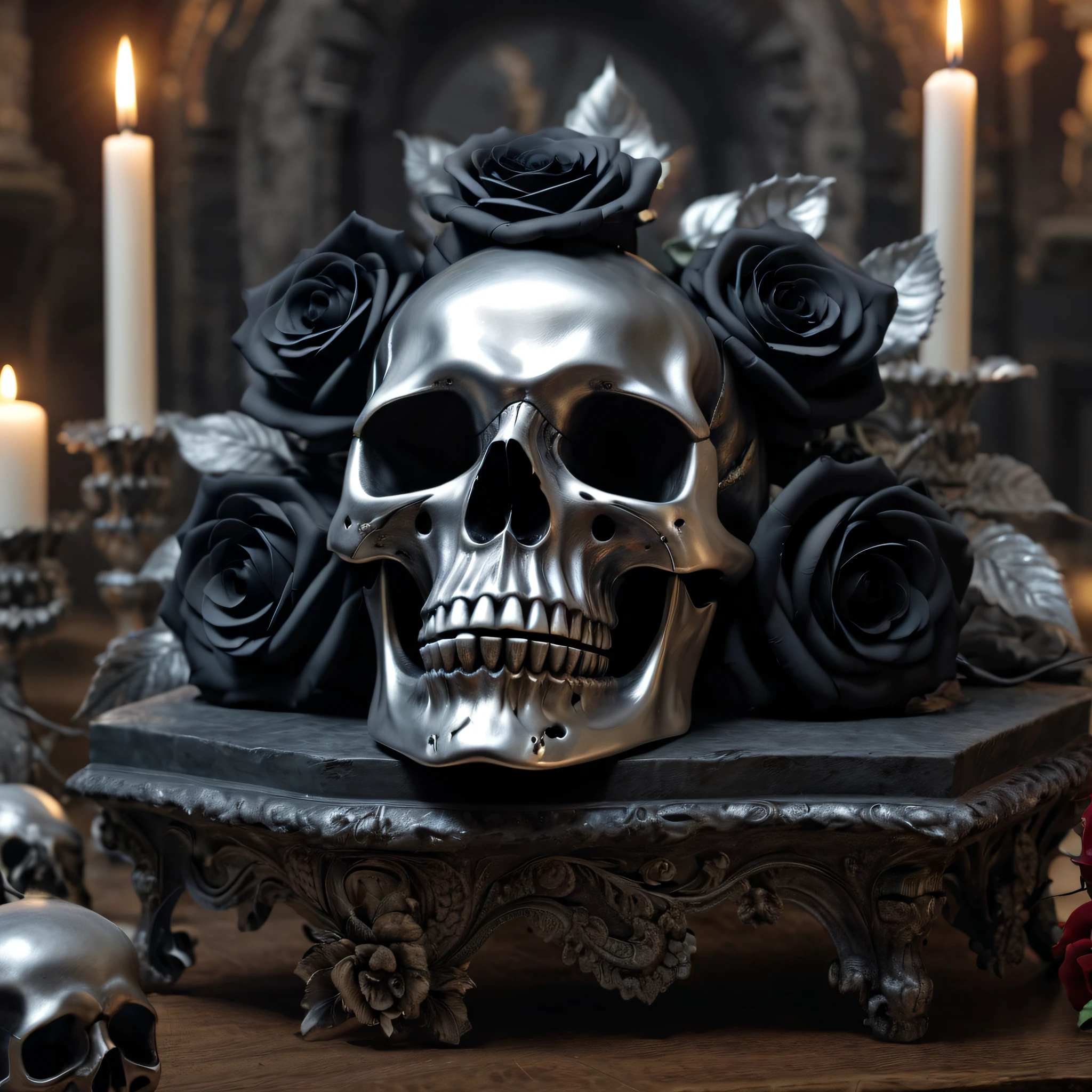 Best Quality,8K,hight resolution,masutepiece:1.2,Ultra-detailed,Realistic hell silver metal skull,detailed corpse,Bouquet of black roses,altar,Horror-themed,horror festival setting