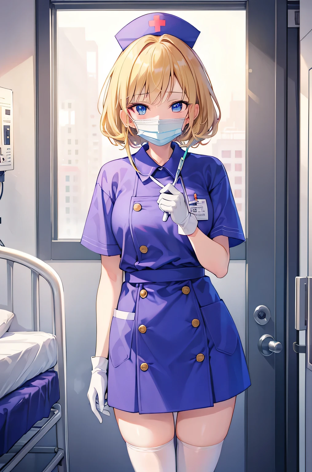 1woman, solo, nurse, nurse cap, white wear, ((white legwear, zettai ryouiki)), white gloves, blonde hair, blue eyes, ((white surgical mask, covered nose)), standing, ((hospital room)), sharp outline, short sleeves, mature female, 35 years old, best quality, masterpiece