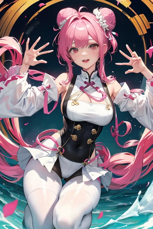 tmasterpiece、Need、1female、Blue cheongsam,Ancient style China、 White cloth bun bun bun、Shoulder leakage、The chest is large、chubbiness、ssmile、Black suspender tights、lace leggings、pale pink lip、hot springs,Pose in the water,(drenched all over the body,pink breasts,pink tits,),legs are open, 独奏, White polo shirt, (shiny skins, perspired:1.4), looking at viewert, A high resolution,(Thigh thick:1.0),,ultra - detailed,tmasterpiece,Best quality at best,Yazawa Nico,red eyes, face flushed,Blunt hair,both hands on hip,greet,Flower headdreslack suspender tights,dance