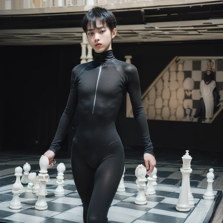 (4k, best quality, masterpiece, photo, beautiful eyes, ballet tights, crotch bulge, ballet style, looking at viewer:1.35), (androgynous male, chess ballet, checkmate, you played black and lost, your black king will be castrated because you failed, groin pain, imminent castration:1.5)