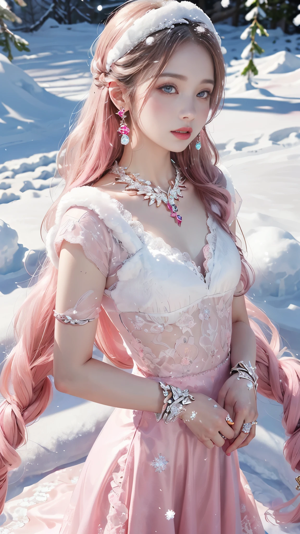 8k, masterpiece, 1 girl, beautiful face, very long hair, light makeup, detailed eyes, detailed lips, small bust, winter dress, pink dress, (wearing jewellery:1.8), (pink lace:1.4), ((snow falling:1.4)), attractive poses,