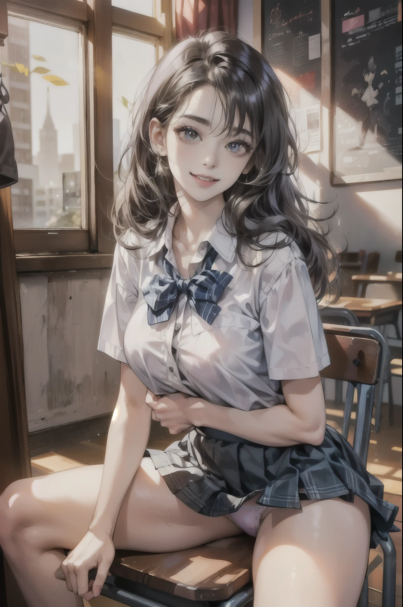 (Scale to fit the dimensions, crotch focus, close-up character:1.1) , sharp focus, photo-realistic:1.3,masterpiece:1.4, best quality, Highest details, beautiful and aesthetic,BREAK
(((1 white girl))),{16_y.o. Caucasian, sitting, open legs wide:1.3, showing panties:1.3, very adorable, pretty},BREAK
((( school uniform, micro mini skirt:1.3, sexy thong panties:1.1))), super detailed beautiful white skin, Huge Perky breasts, toned slender body, beautiful thin legs,detailed perfect fingers,BREAK
highest detailed face,((( enjoying, smile:1.1))),((( watching at Viewer:1.3))),( round Eyes, double eyelid, mascara, Very long eyelashes), messy shiny hair, BREAK
(official art, extreme detailed, highest detailed), perfect lighting, depth of field, beautiful scene in classroom, desk, chair, blackboard behind