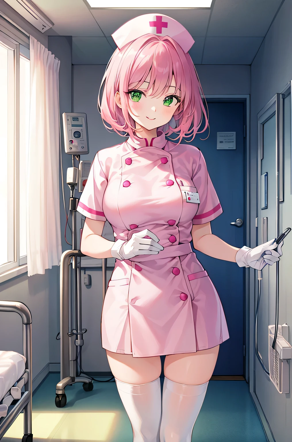 1woman, solo, nurse, nurse cap, white wear, ((white legwear, zettai ryouiki)), white gloves, pink hair, green eyes, drooping eyes, pink lips, smile, standing, ((hospital room)), sharp outline, short sleeves, mature female, 32 years old, best quality, masterpiece