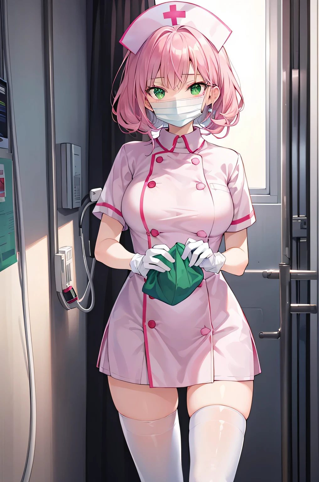 1woman, solo, nurse, nurse cap, white wear, ((white legwear, zettai ryouiki)), white gloves, pink hair, green eyes, drooping eyes, ((white surgical mask, covered nose)), standing, ((hospital room)), sharp outline, short sleeves, mature female, 32 years old, best quality, masterpiece