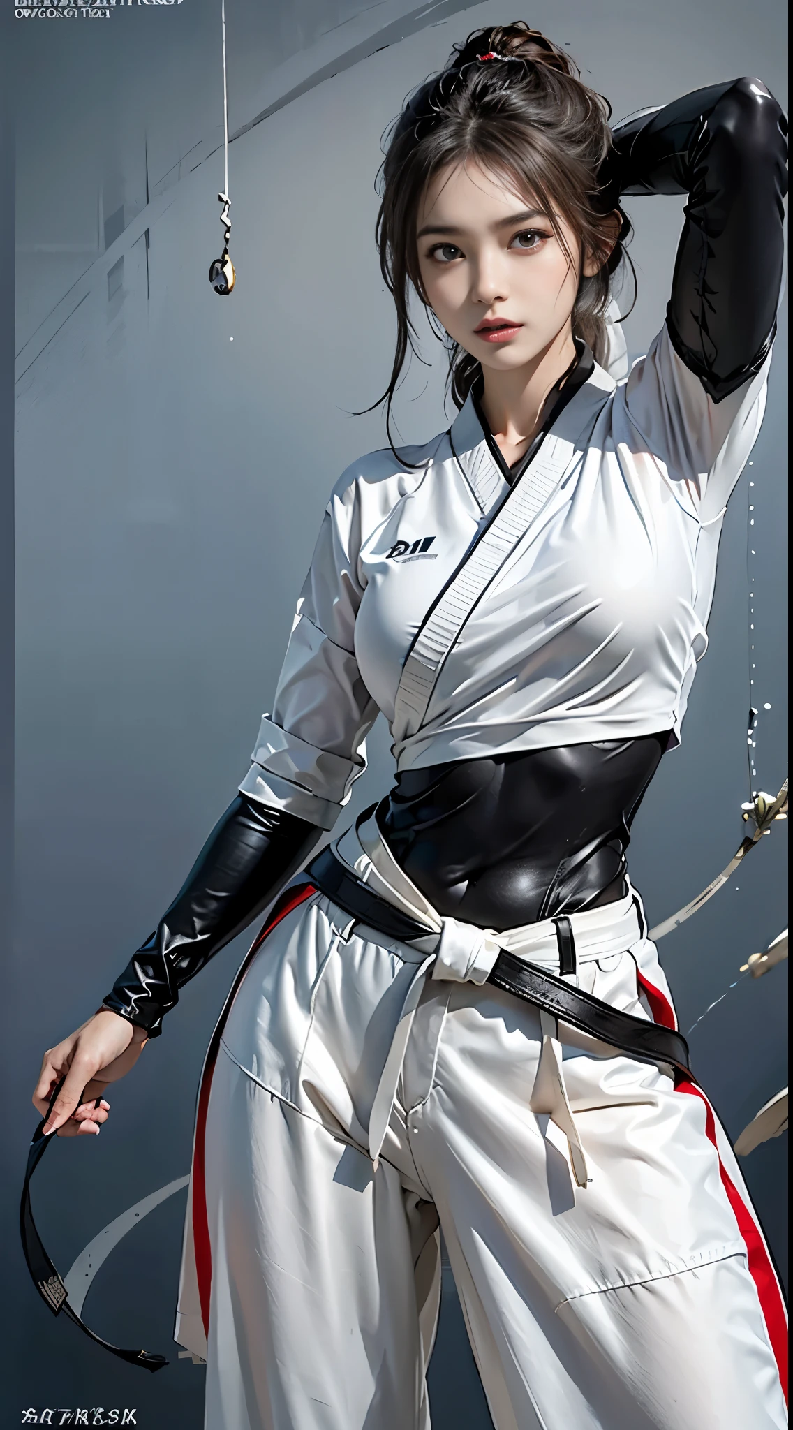 photorealistic, high resolution, soft light,1women, solo, hips up, shining skin, (detailed face), tattoo, karate uniform, black belt,Karategi, full uniform, pants, chest split