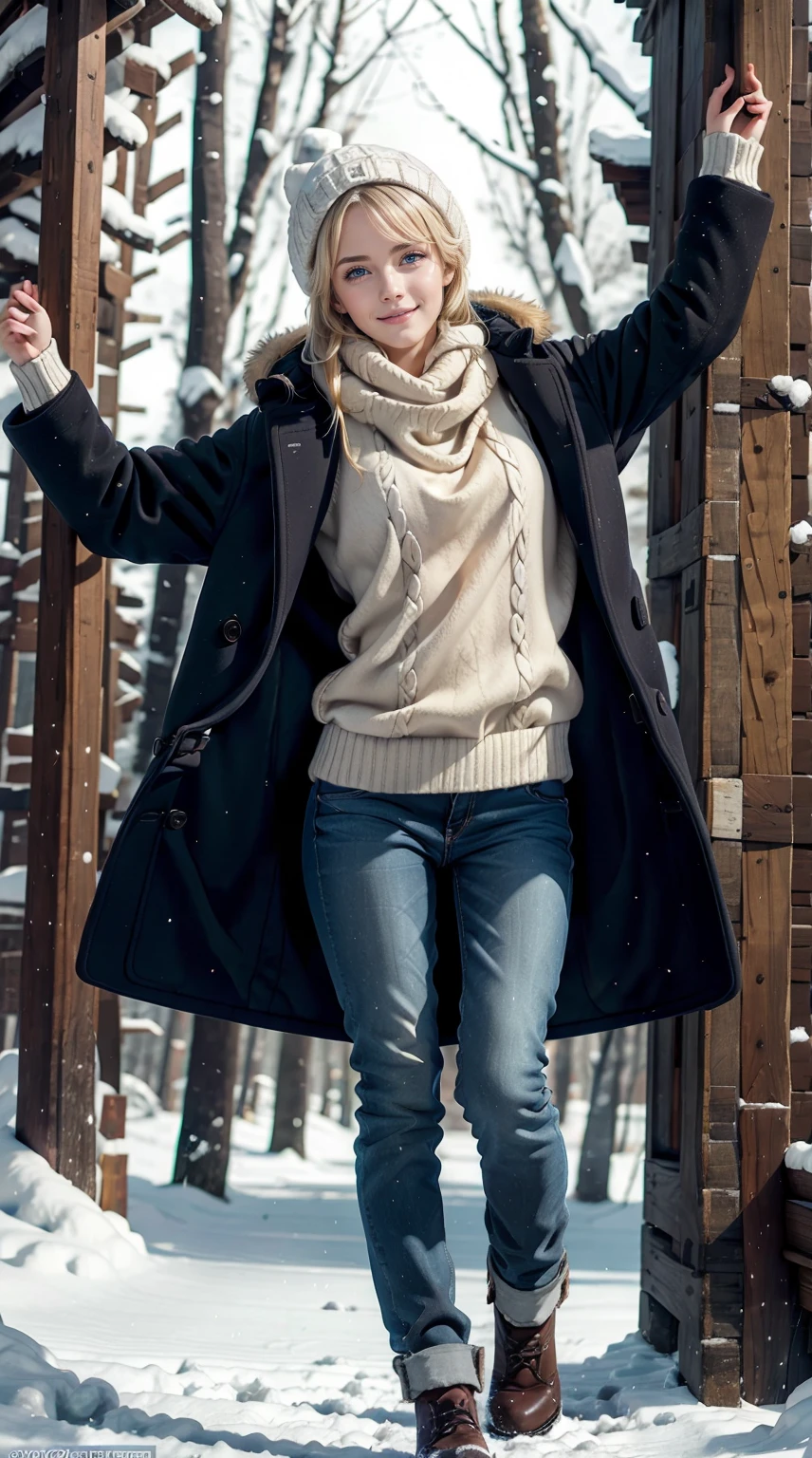 24-year-old Caucasian woman、Hair is blonde、Eye color is blue、Semi-long、Slender but well-proportioned muscular man、wearing a neck warmer、wearing a duffel coat、wearing a sweater inside a duffel coat、I'm wearing jeans、Looking up and spreading his arms in the snowy forest、a smile、wearing a woolen hat