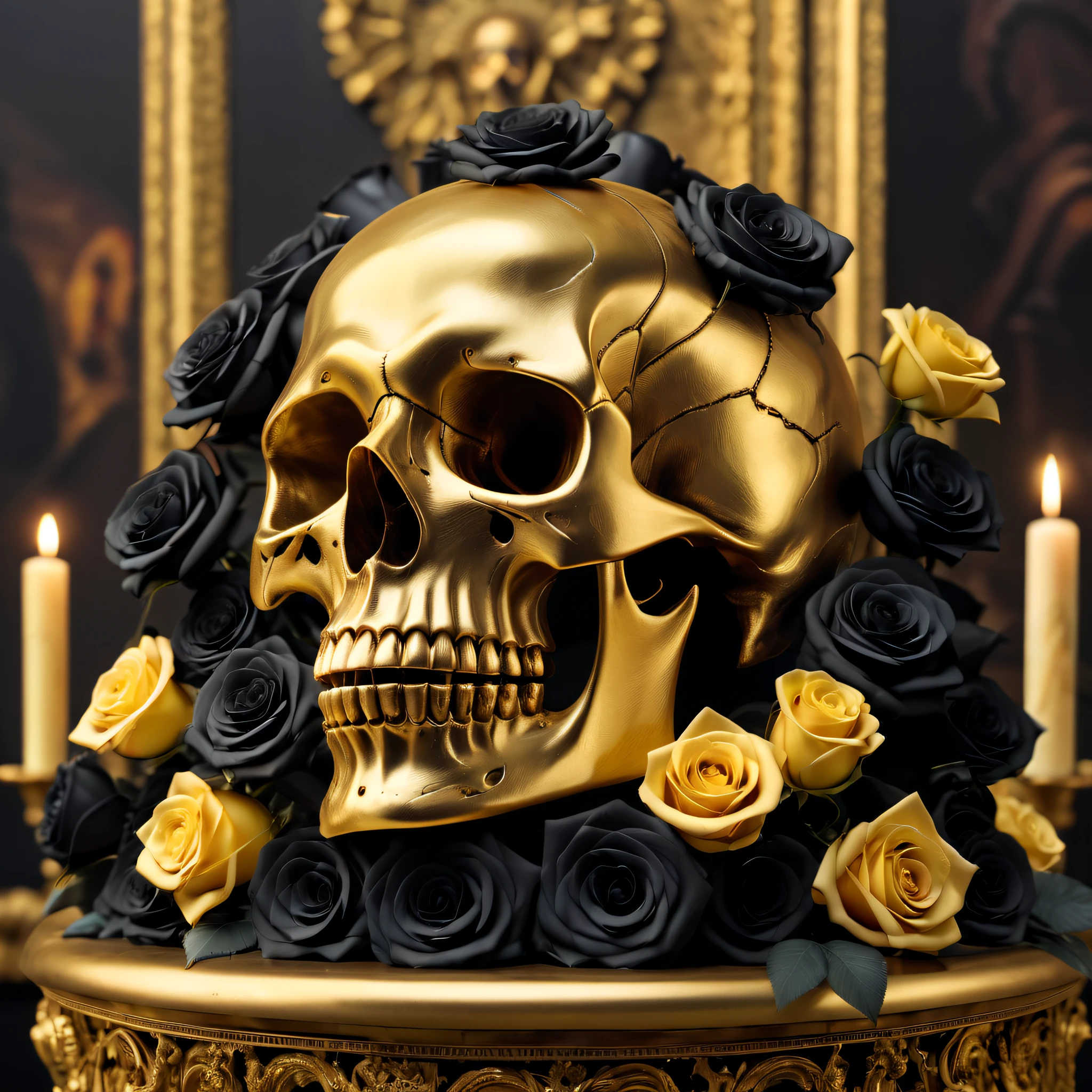 (Best Quality,8K,High resolution,masutepiece:1.2),Ultra-detailed,Eerily realistic gold metallic skull,elaborate corpse,Bouquet of black roses,altar,scary theme,horror festival setup